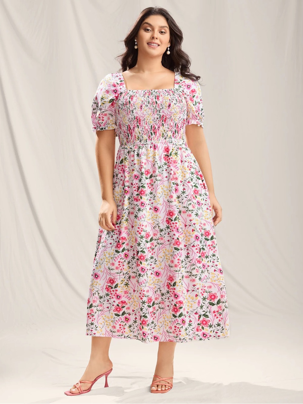 NWT Bloomchic Floral Smocked Midi Dress - Pink